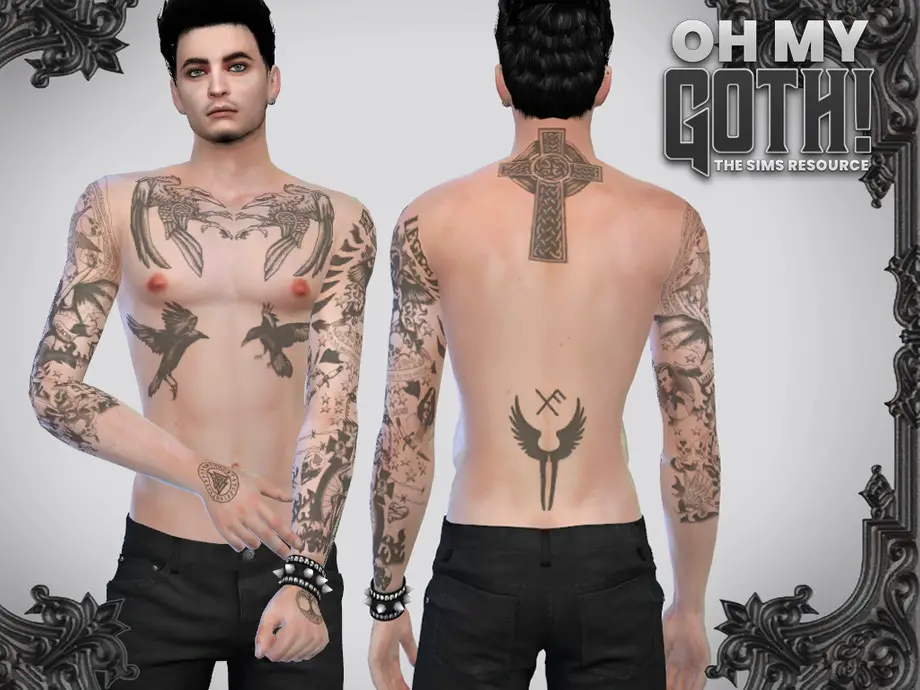 A male character from The Sims 4 who is not wearing a shirt because they are covered in tattoos. They have a sleeve on one arm and a half sleeve on the other, two back tattoos and a chest tattoo. 