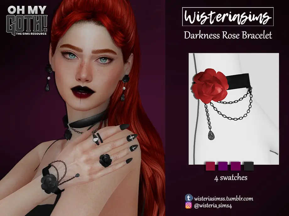 A sim with bright red hair and light blue eyes. They have dark red ombre lipstick and a black tank top on. Their nails are black with crosses as designs on them and they are wearing lots of black jewlery.