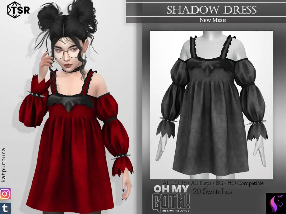 A child aged character from The Sims 4 who has their hair in two large buns that are messy. They are wearing a cc goth dress with puffy sleeves and metal spikes around the wrist. 