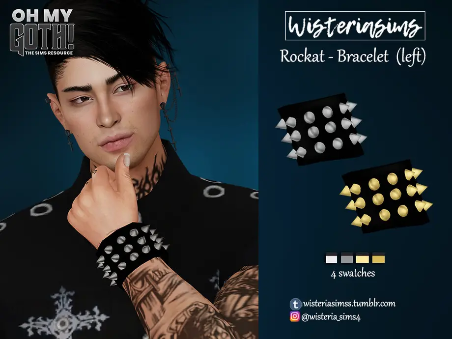 A male character from The Sims 4 who has black hair, is wearing a black shirt, has tattoos all over and is wearing a large cuff on their wrist that is covered in spikes. 